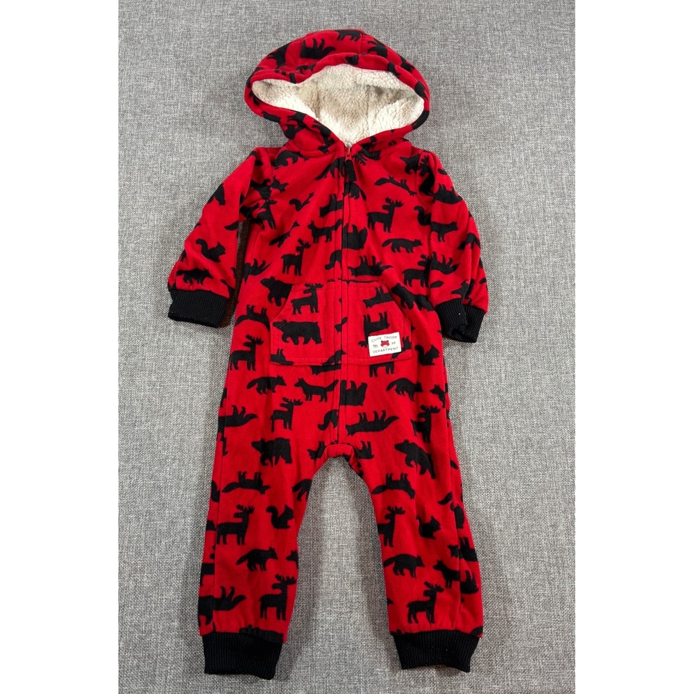 Carter's Kids Woodland Fleece Hooded Jumpsuit 18M Red Black Sherpa Bear Moose